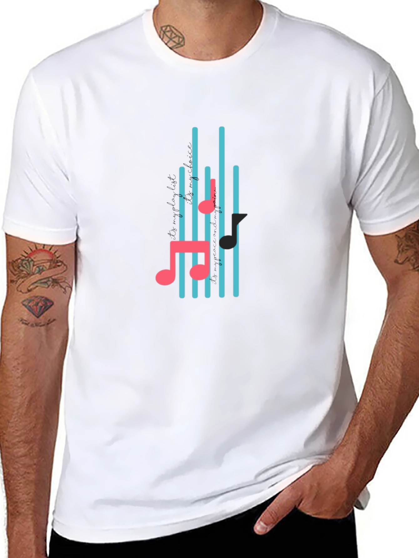 Black T-Shirt with Musical Notes Design