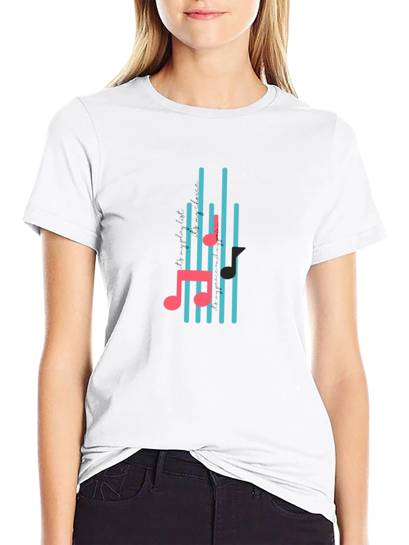 Black T-Shirt with Musical Notes Design