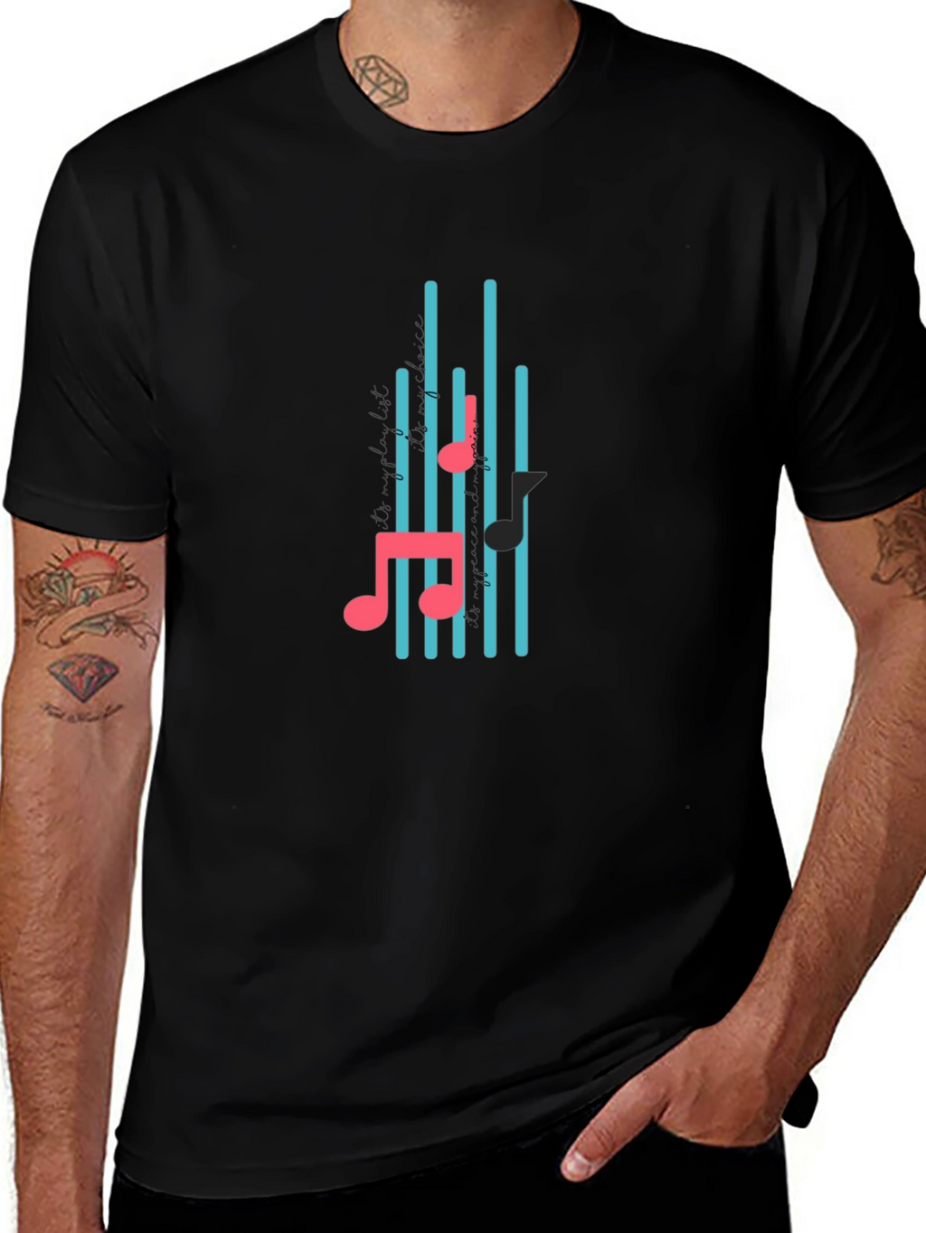 Black T-Shirt with Musical Notes Design