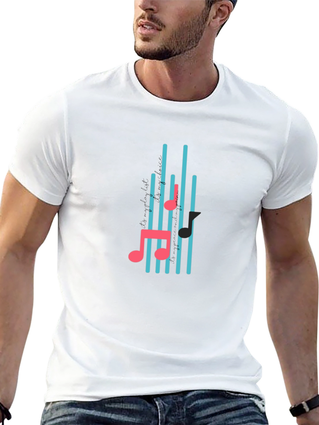 Black T-Shirt with Musical Notes Design