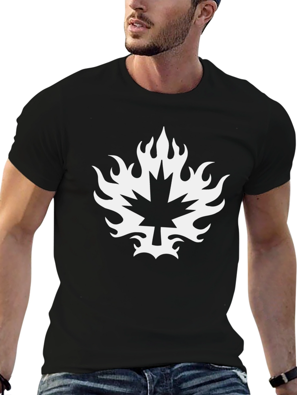 Black T-Shirt with Maple Leaf Fire Graphic
