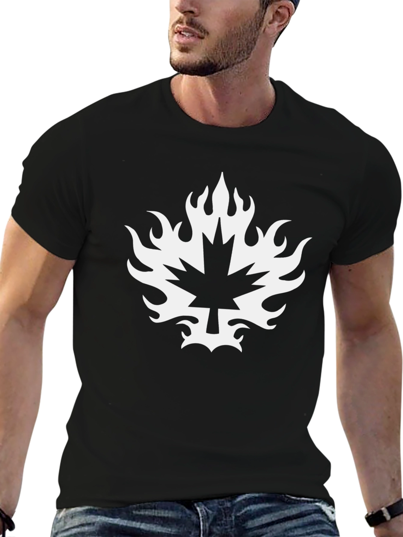 Black T-Shirt with Maple Leaf Fire Graphic