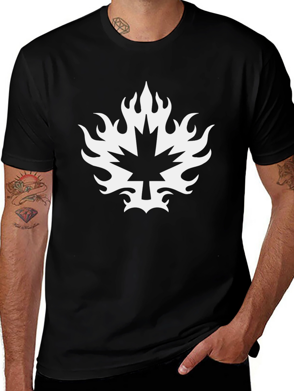 Black T-Shirt with Maple Leaf Fire Graphic