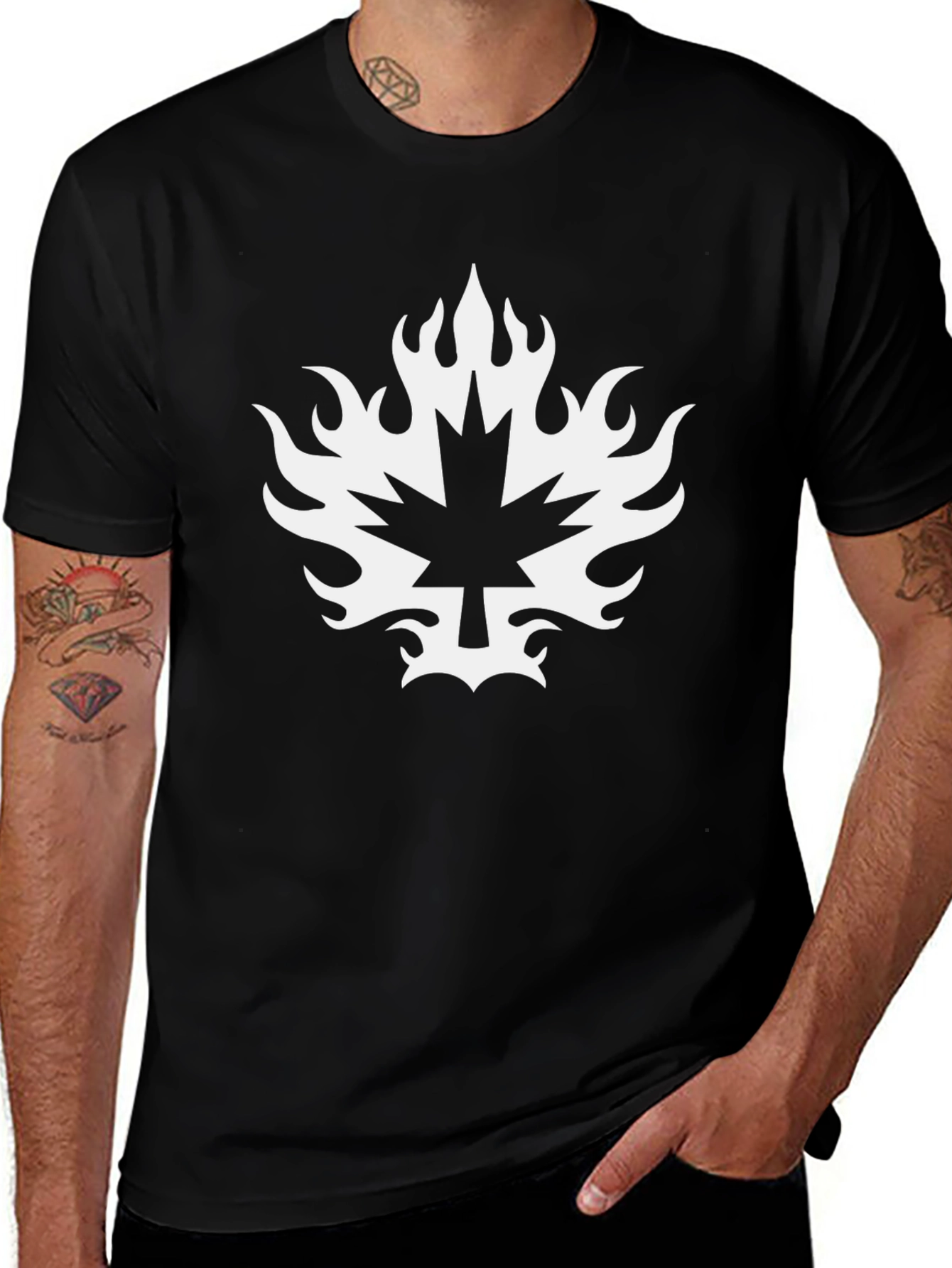 Black T-Shirt with Maple Leaf Fire Graphic