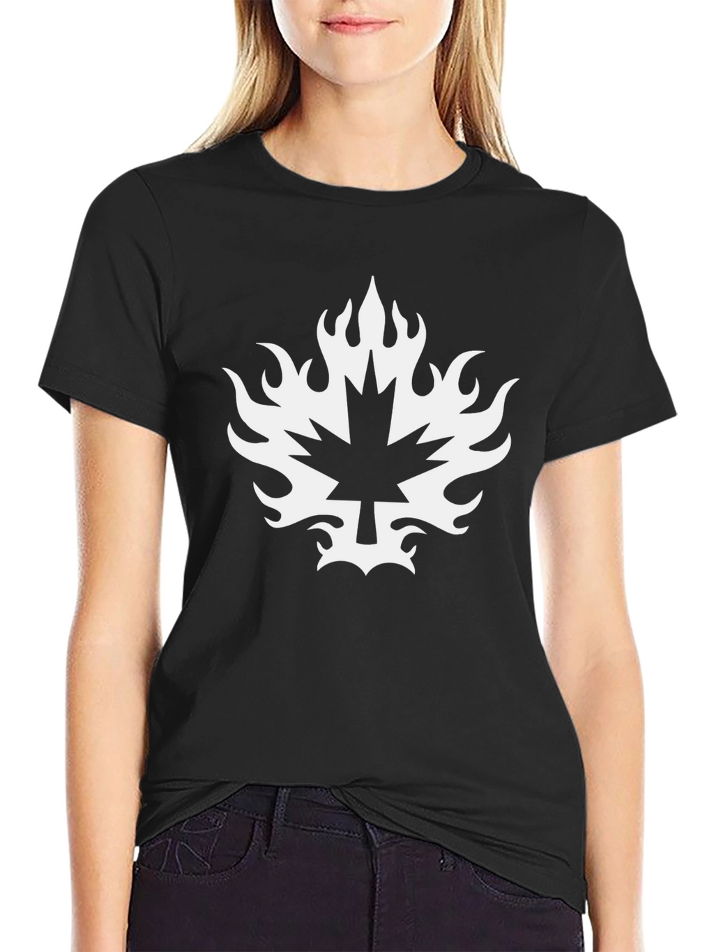 Black T-Shirt with Maple Leaf Fire Graphic