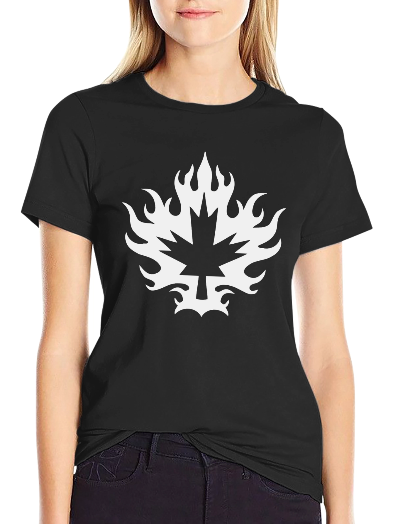 Black T-Shirt with Maple Leaf Fire Graphic