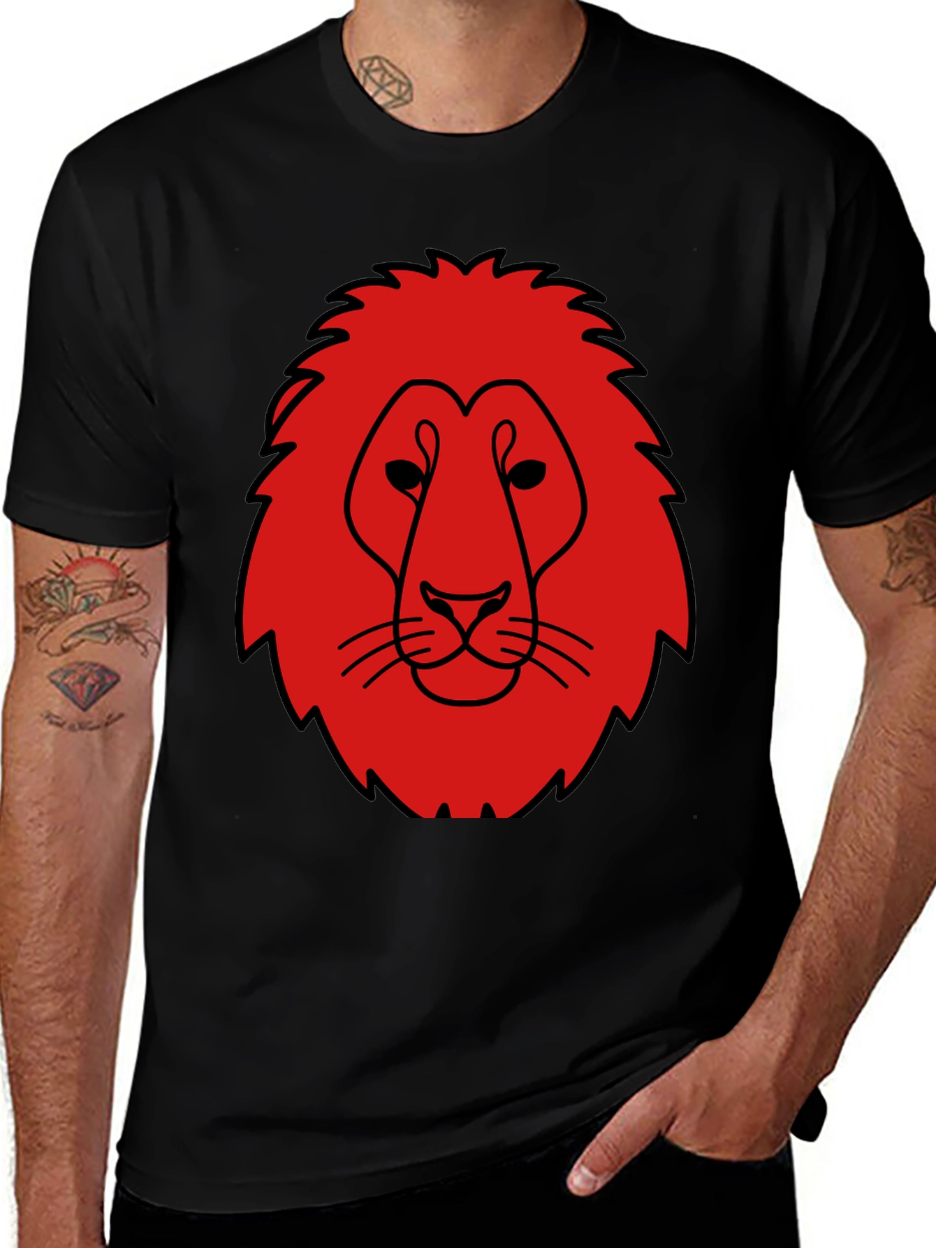 Lion Head Graphic Tee - Bold Red Print on Black