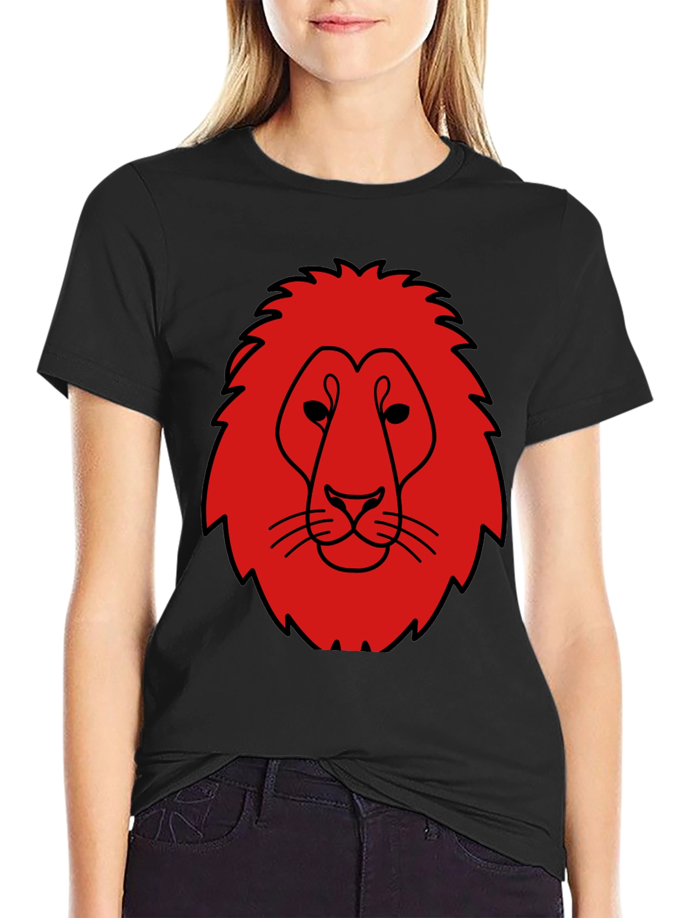Lion Head Graphic Tee - Bold Red Print on Black