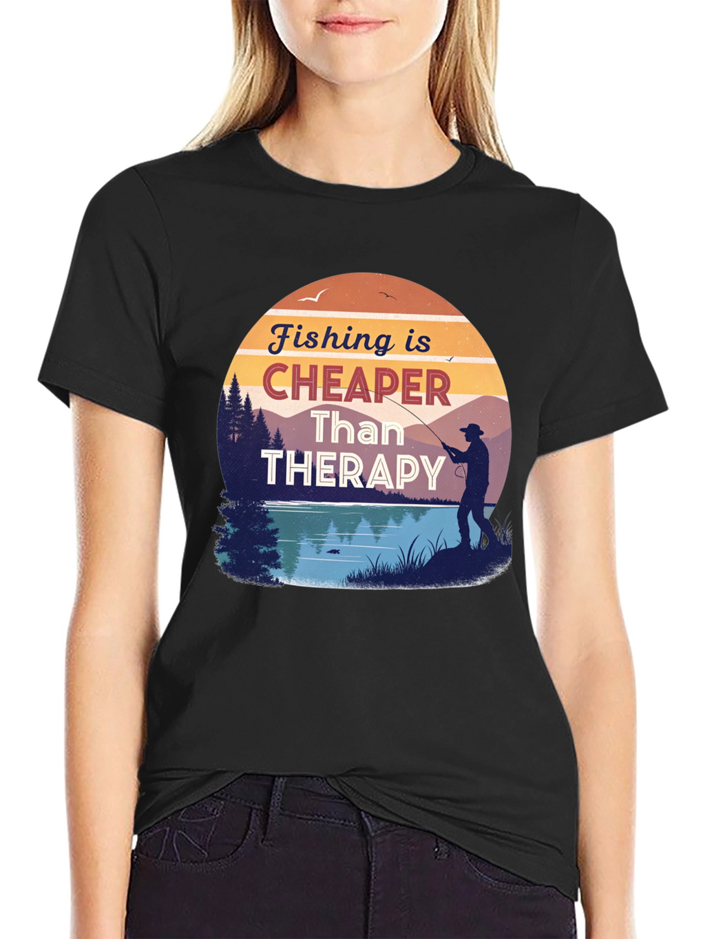 Fishing is Cheaper Than Therapy Black T-Shirt