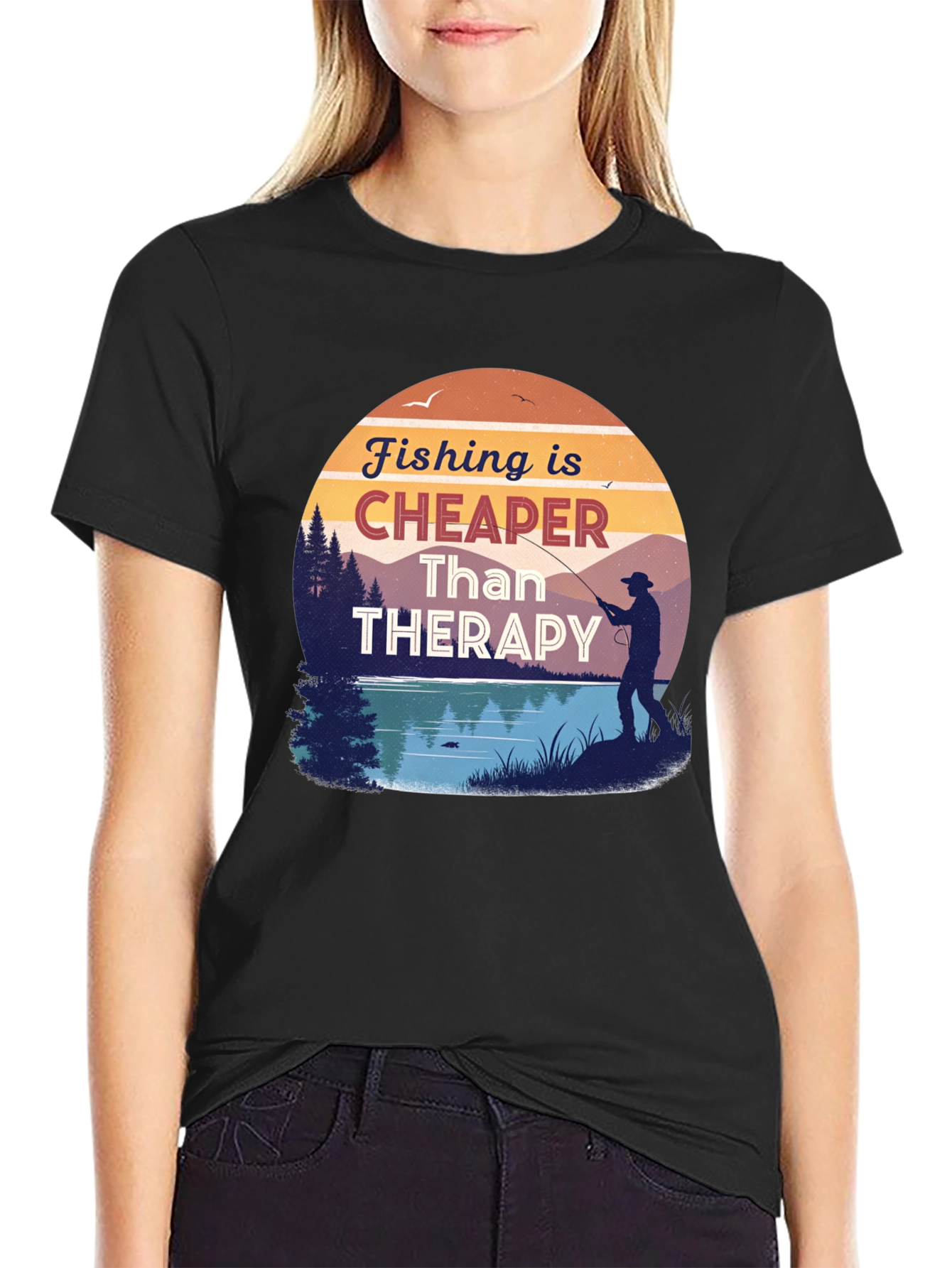Fishing is Cheaper Than Therapy Black T-Shirt