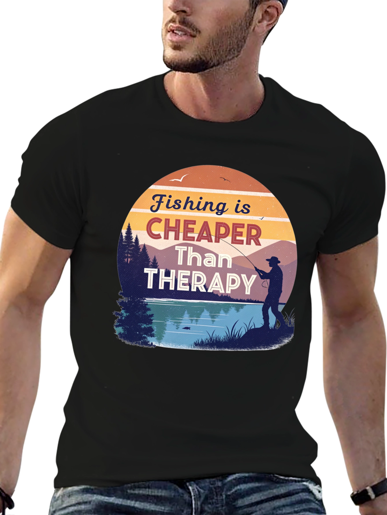 Fishing is Cheaper Than Therapy Black T-Shirt
