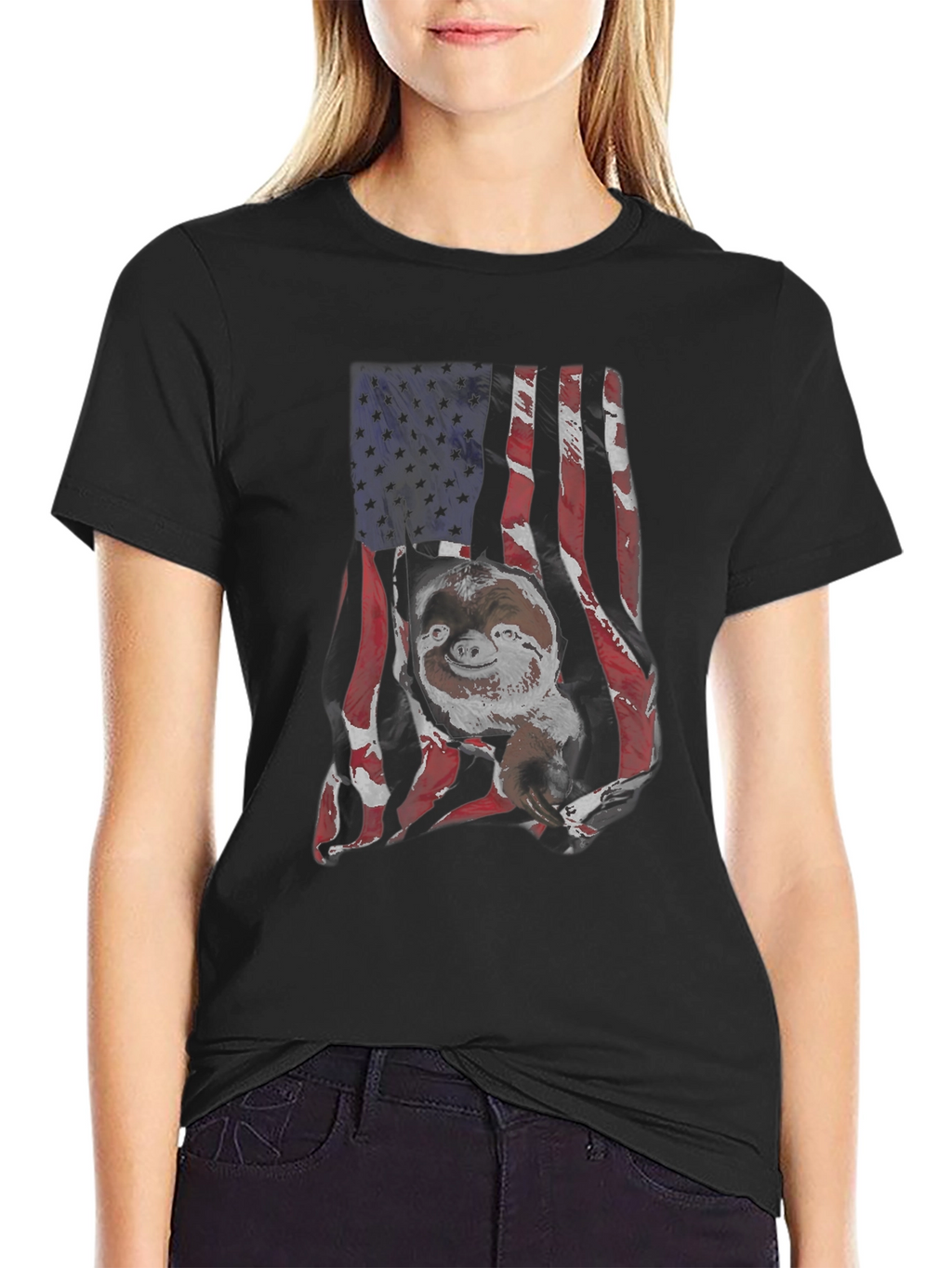 Sloth USA Flag Mens Black T-Shirt