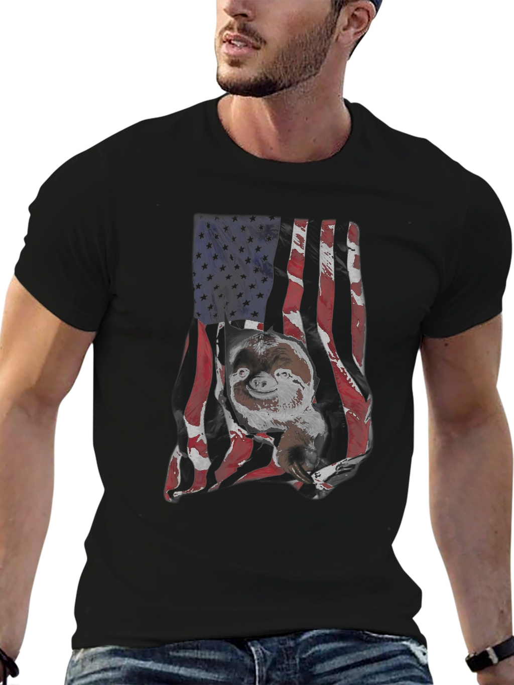 Sloth USA Flag Mens Black T-Shirt