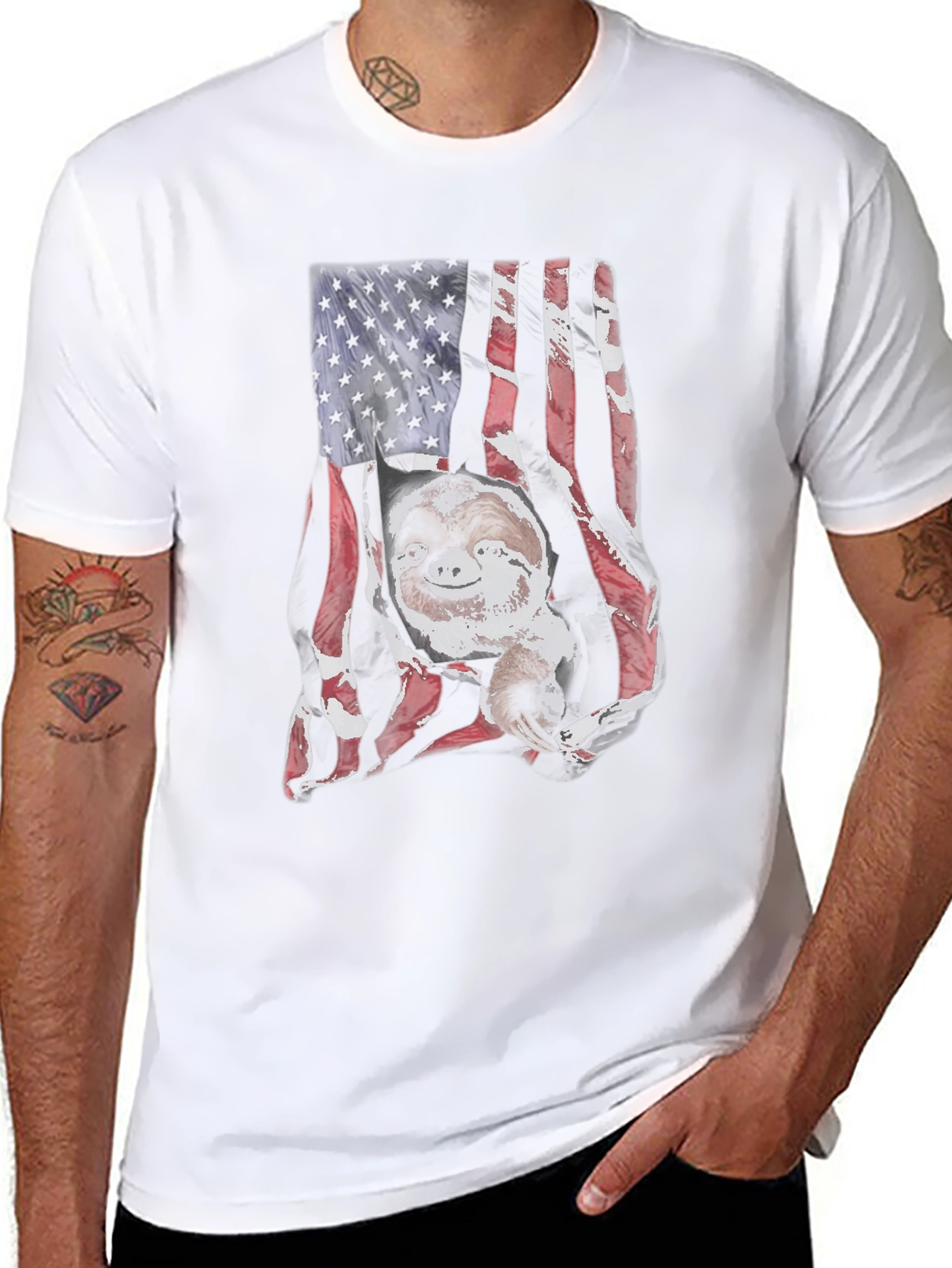 Sloth USA Flag Mens Black T-Shirt