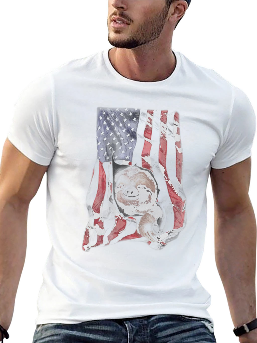 Sloth USA Flag Mens Black T-Shirt