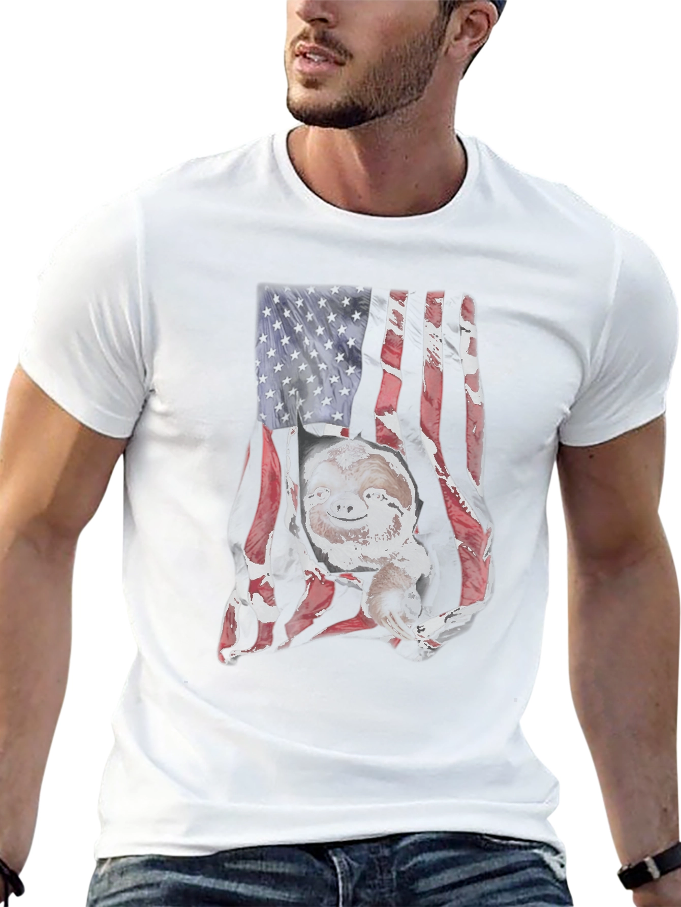 Sloth USA Flag Mens Black T-Shirt