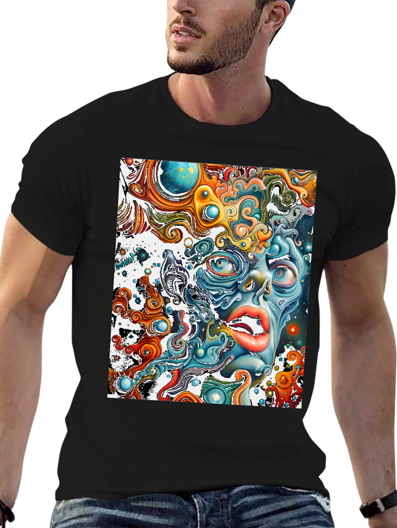 Surreal Face Graphic T-Shirt - Black