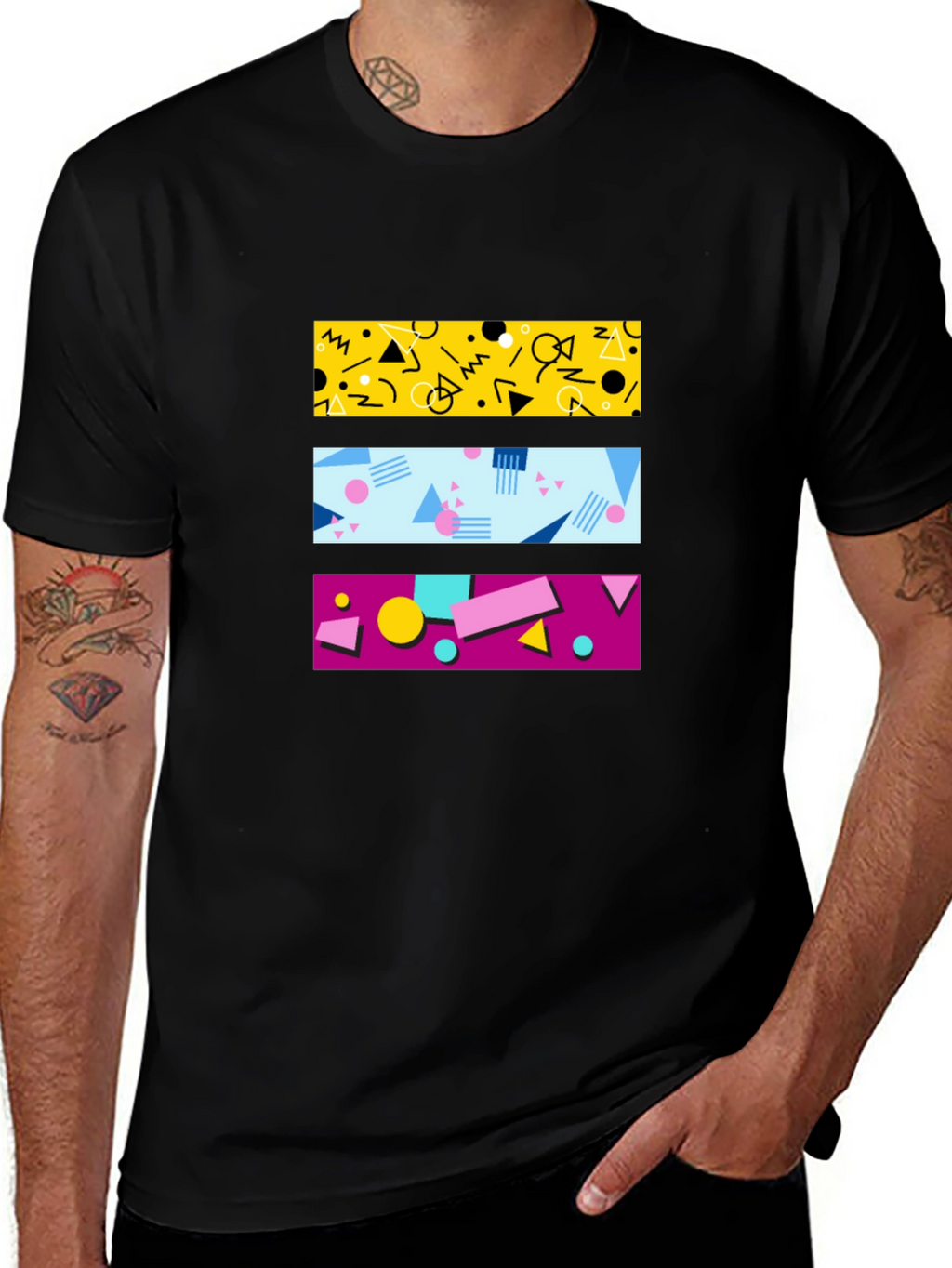 Retro 90s Geometric Pattern Black T-Shirt