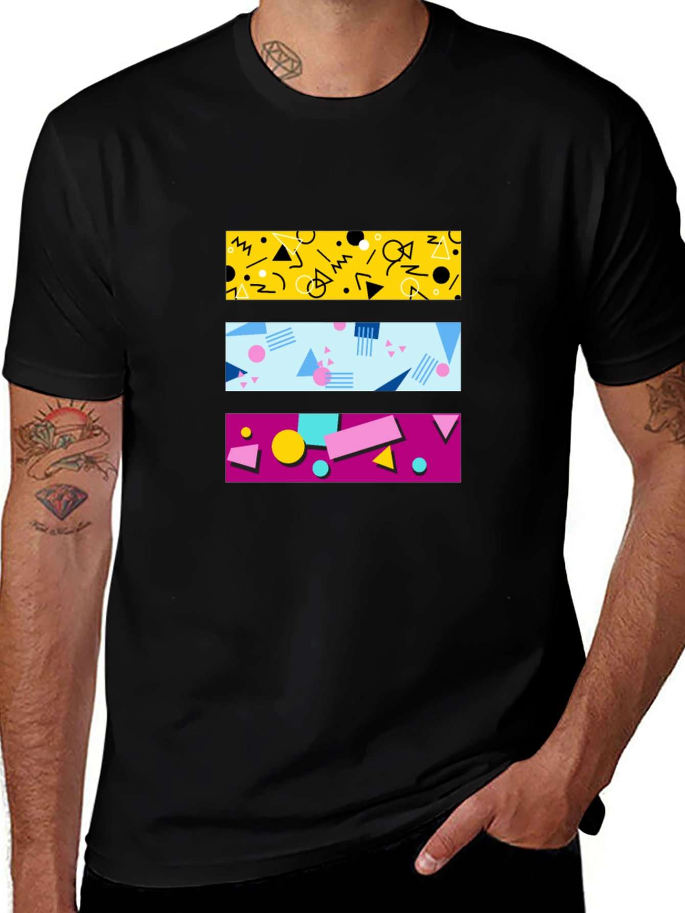 Retro 90s Geometric Pattern Black T-Shirt