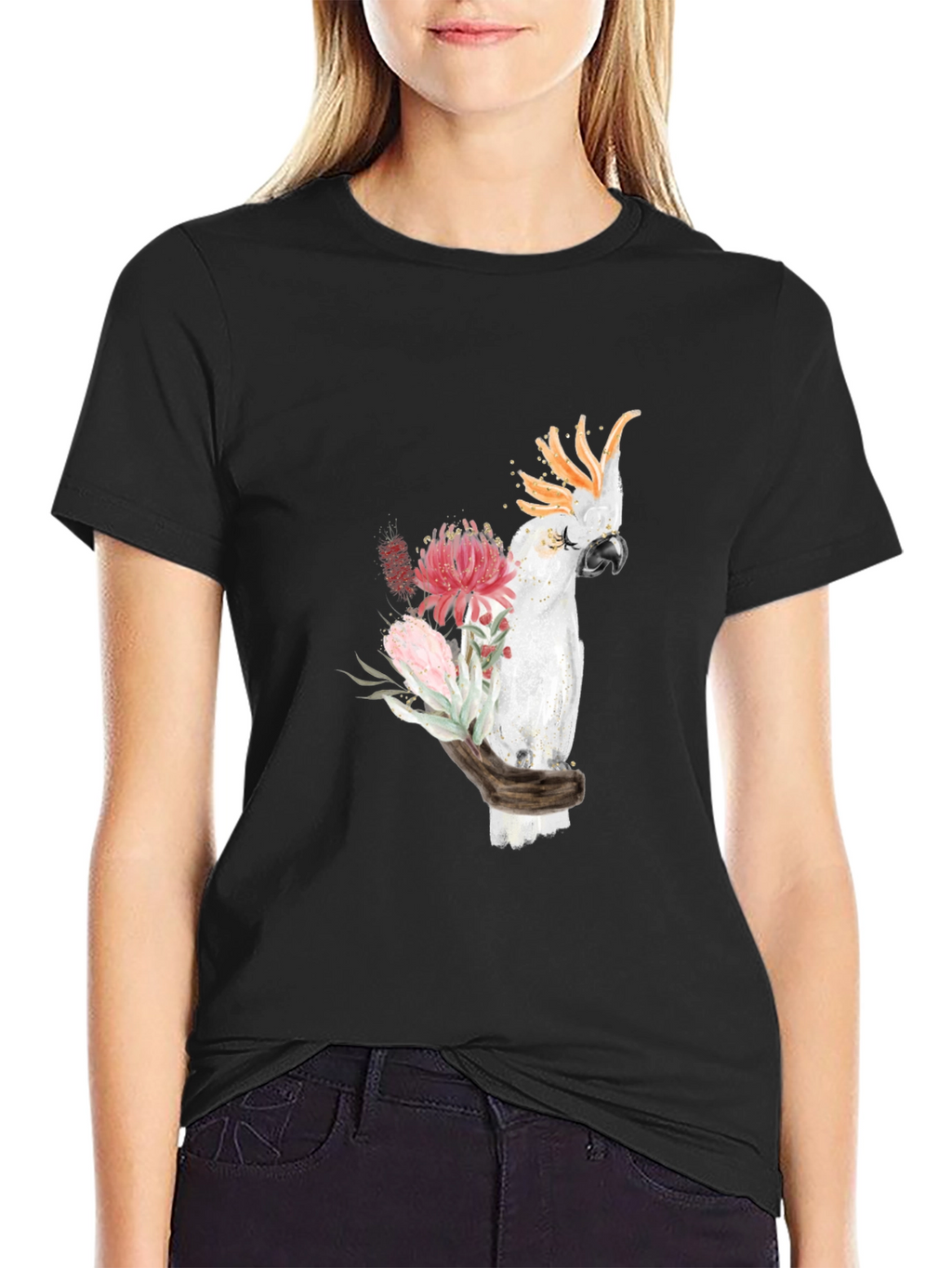 Cockatoo Floral Print T-Shirt - Black