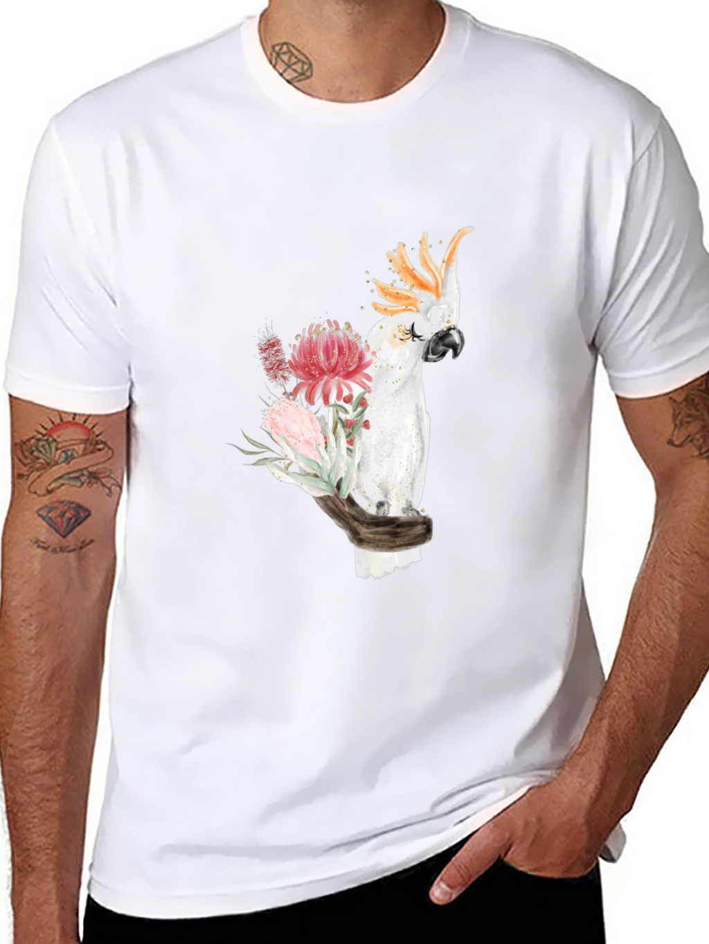 Cockatoo Floral Print T-Shirt - Black
