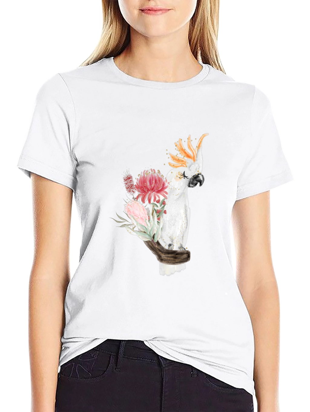 Cockatoo Floral Print T-Shirt - Black