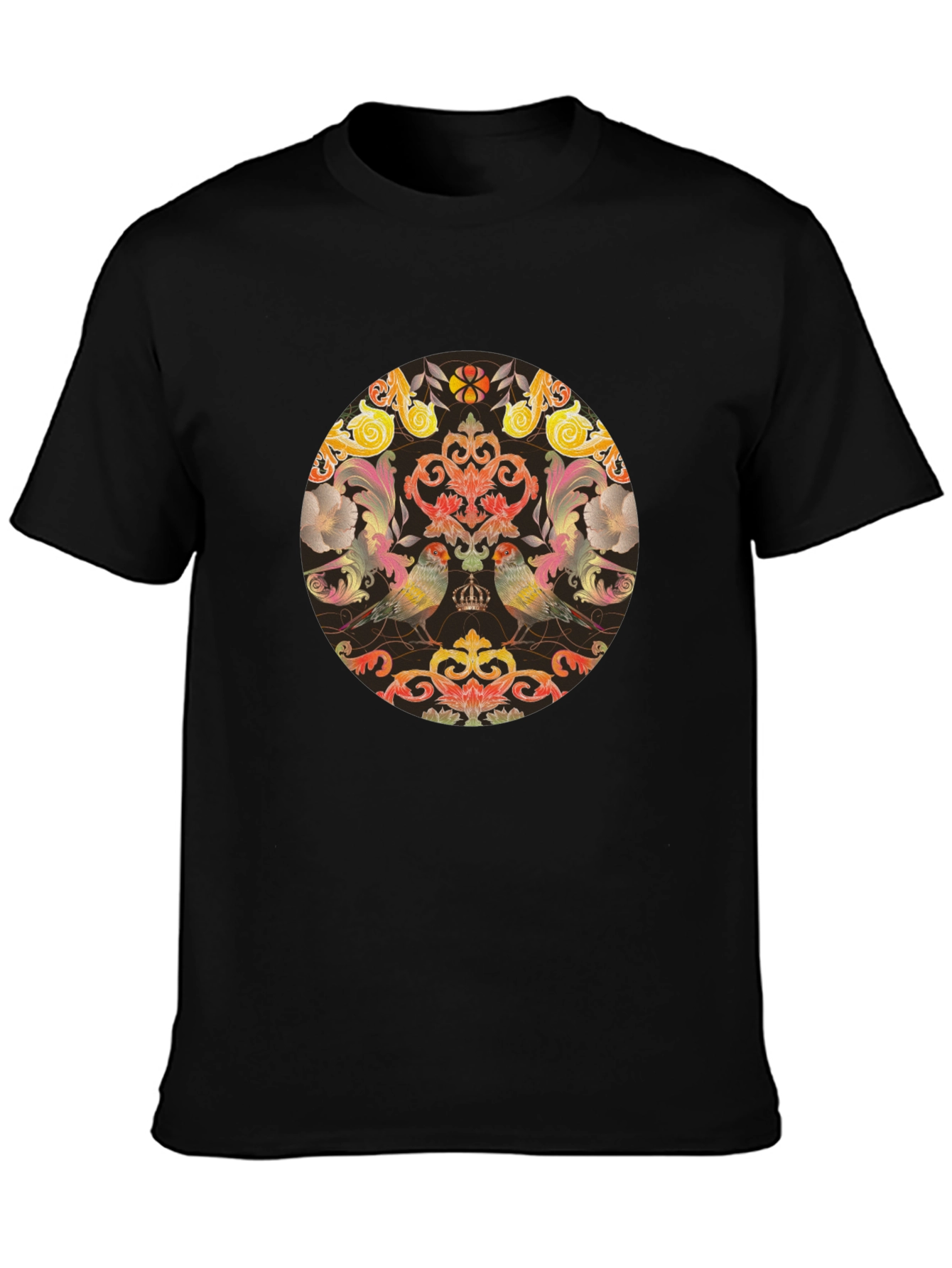 Ornate Bird & Floral Medallion Graphic Tee - Black