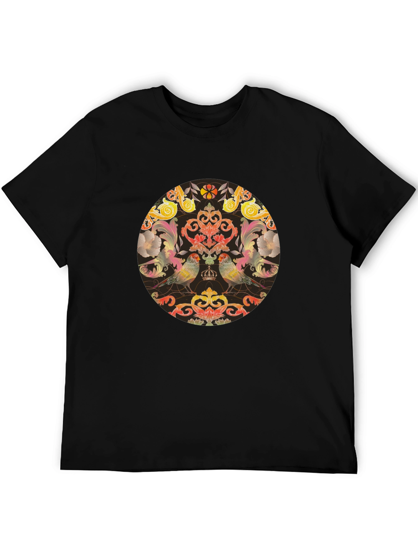 Ornate Bird & Floral Medallion Graphic Tee - Black