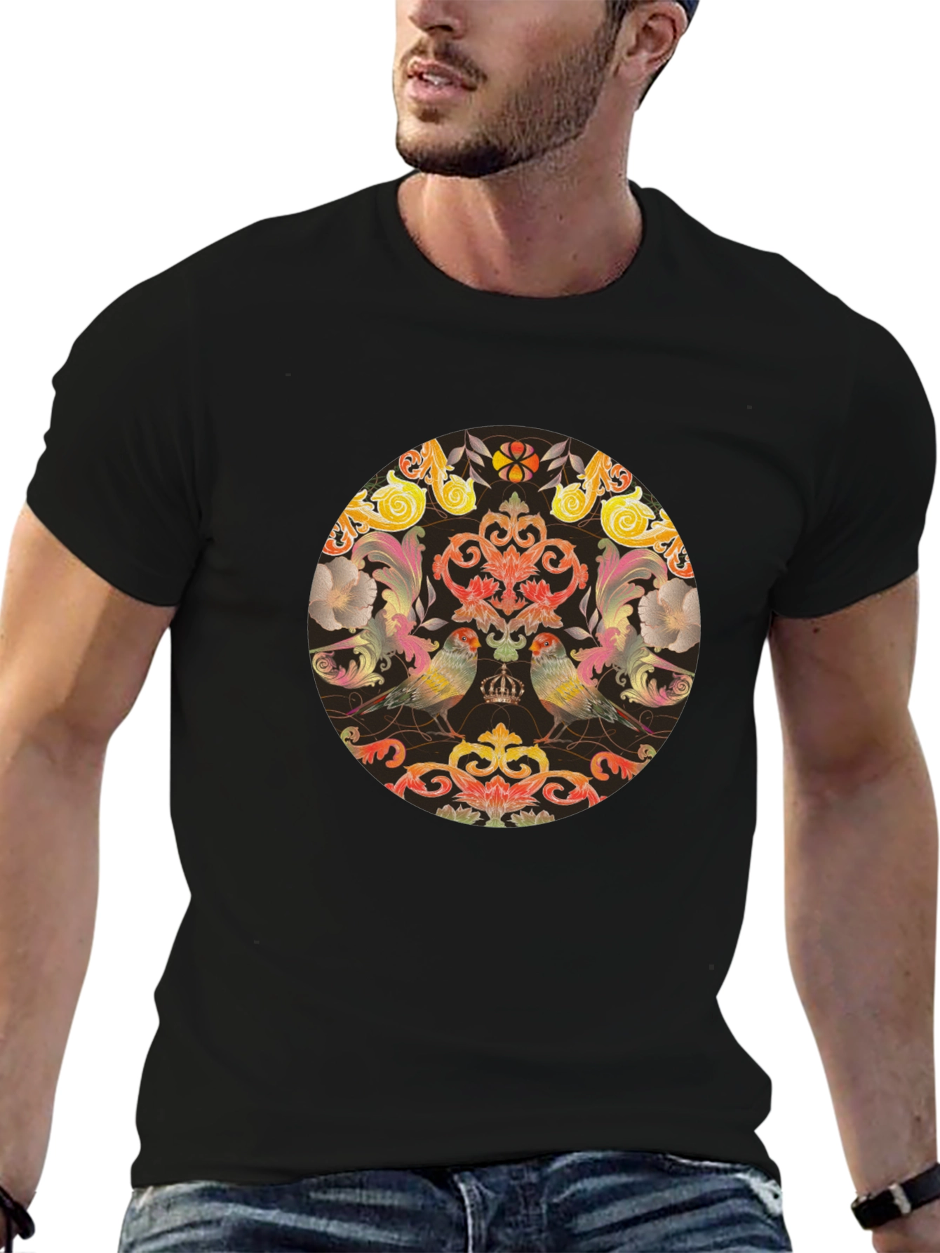Ornate Bird & Floral Medallion Graphic Tee - Black