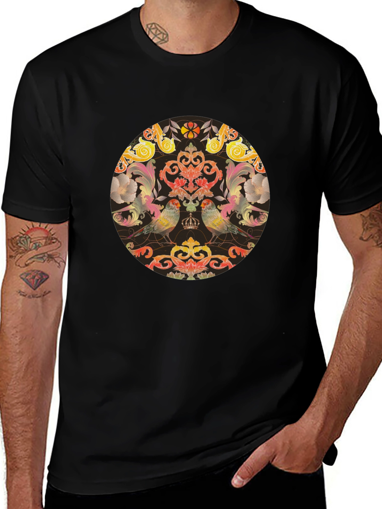 Ornate Bird & Floral Medallion Graphic Tee - Black