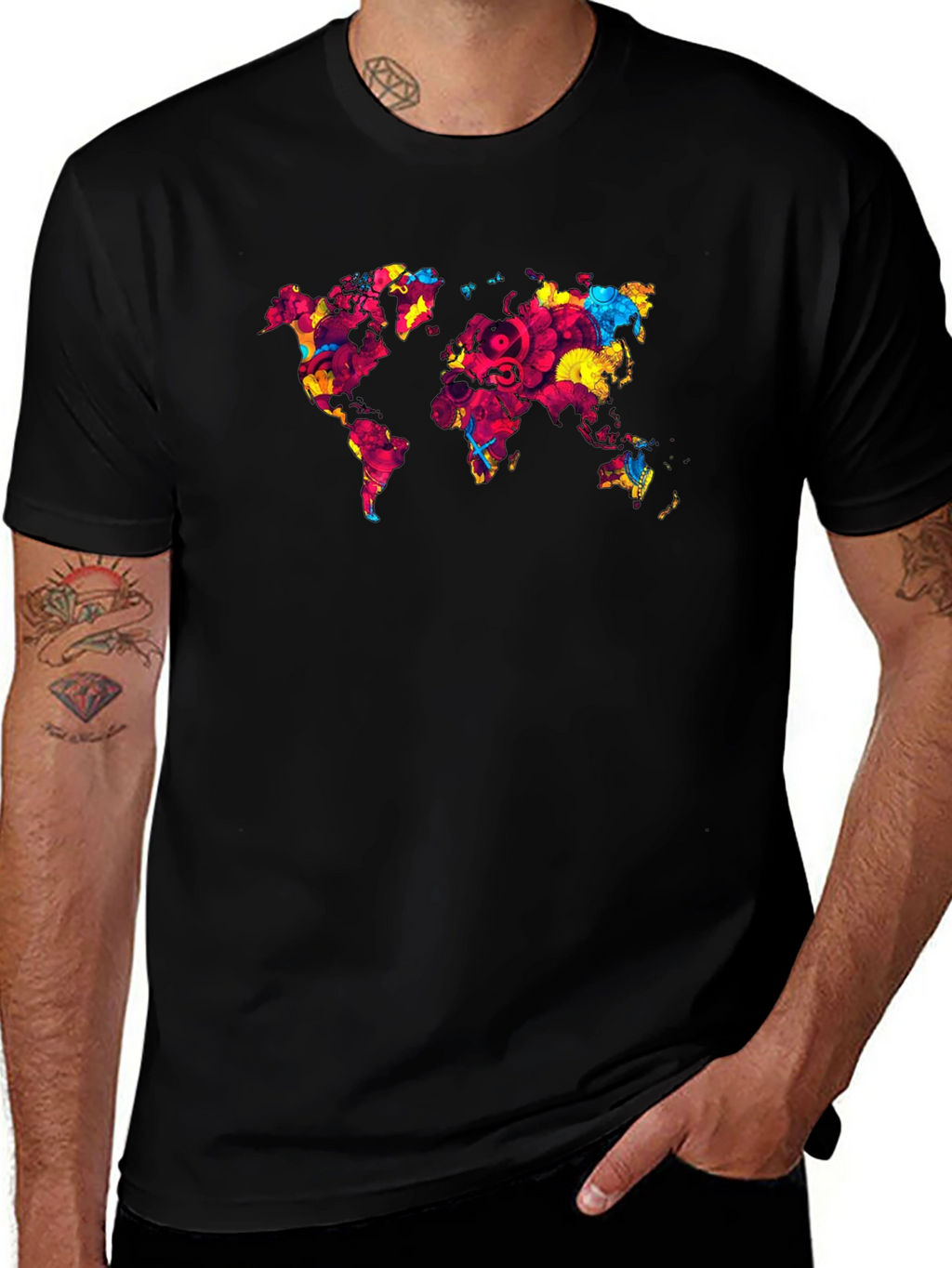 World Map Graphic Print Mens Black T-Shirt