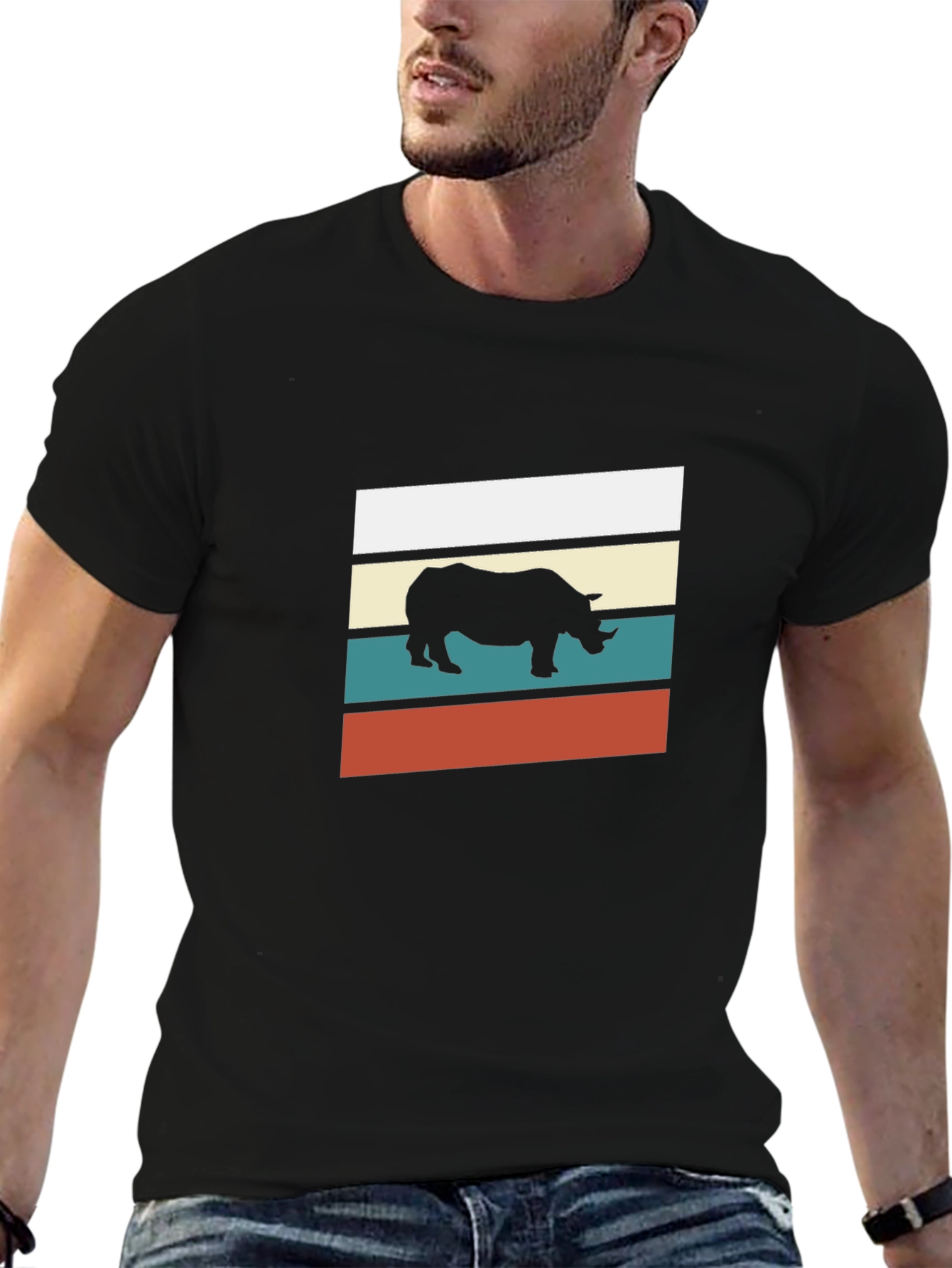Retro Rhino Graphic Tee - Stylish Mens Black T-Shirt