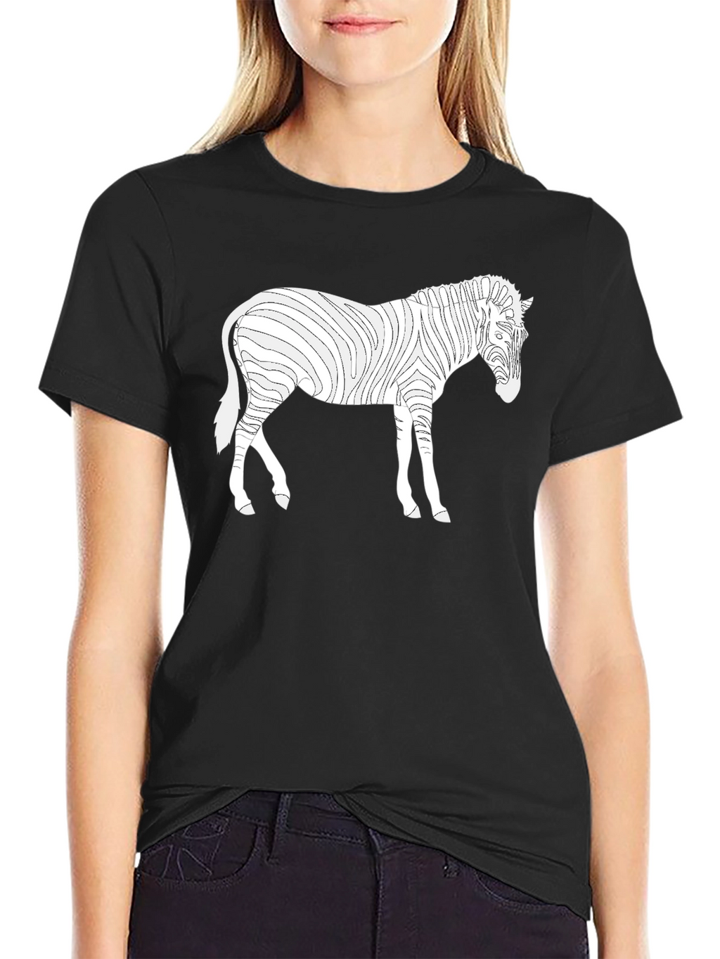 Zebra Line Art Tee - Black Cotton Casual T-Shirt