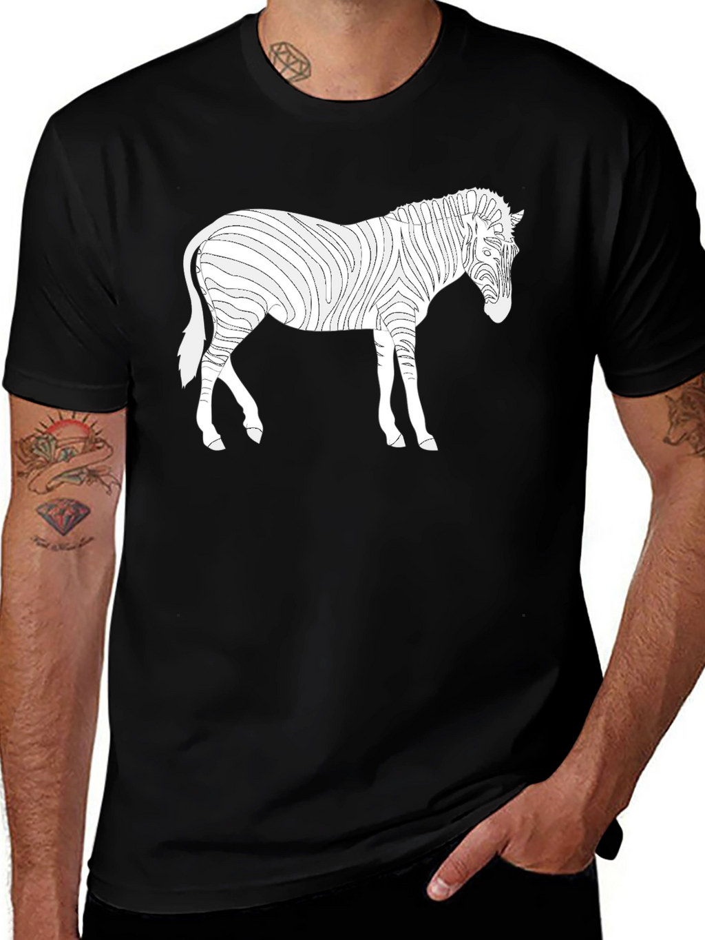 Zebra Line Art Tee - Black Cotton Casual T-Shirt