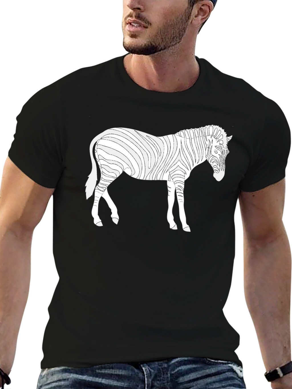 Zebra Line Art Tee - Black Cotton Casual T-Shirt