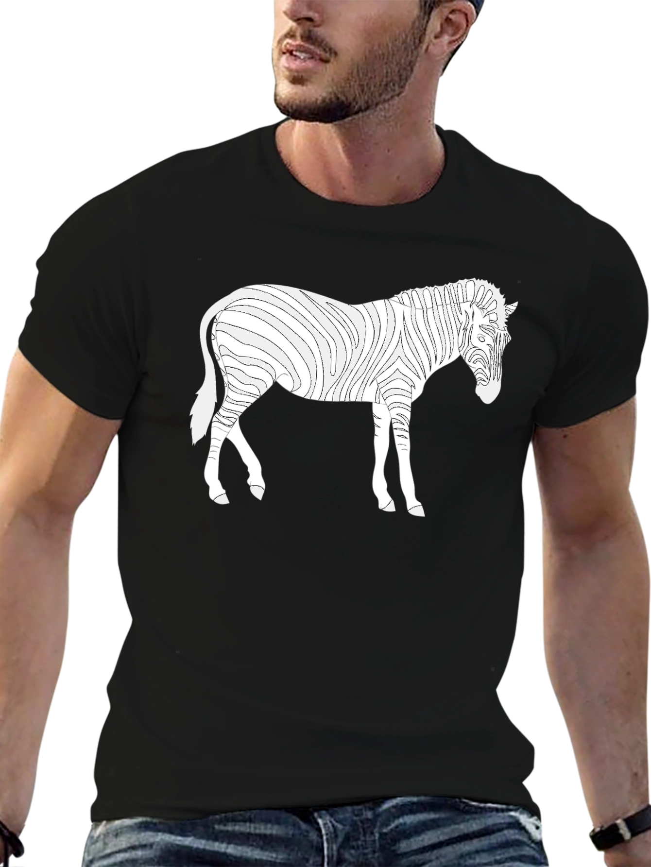 Zebra Line Art Tee - Black Cotton Casual T-Shirt