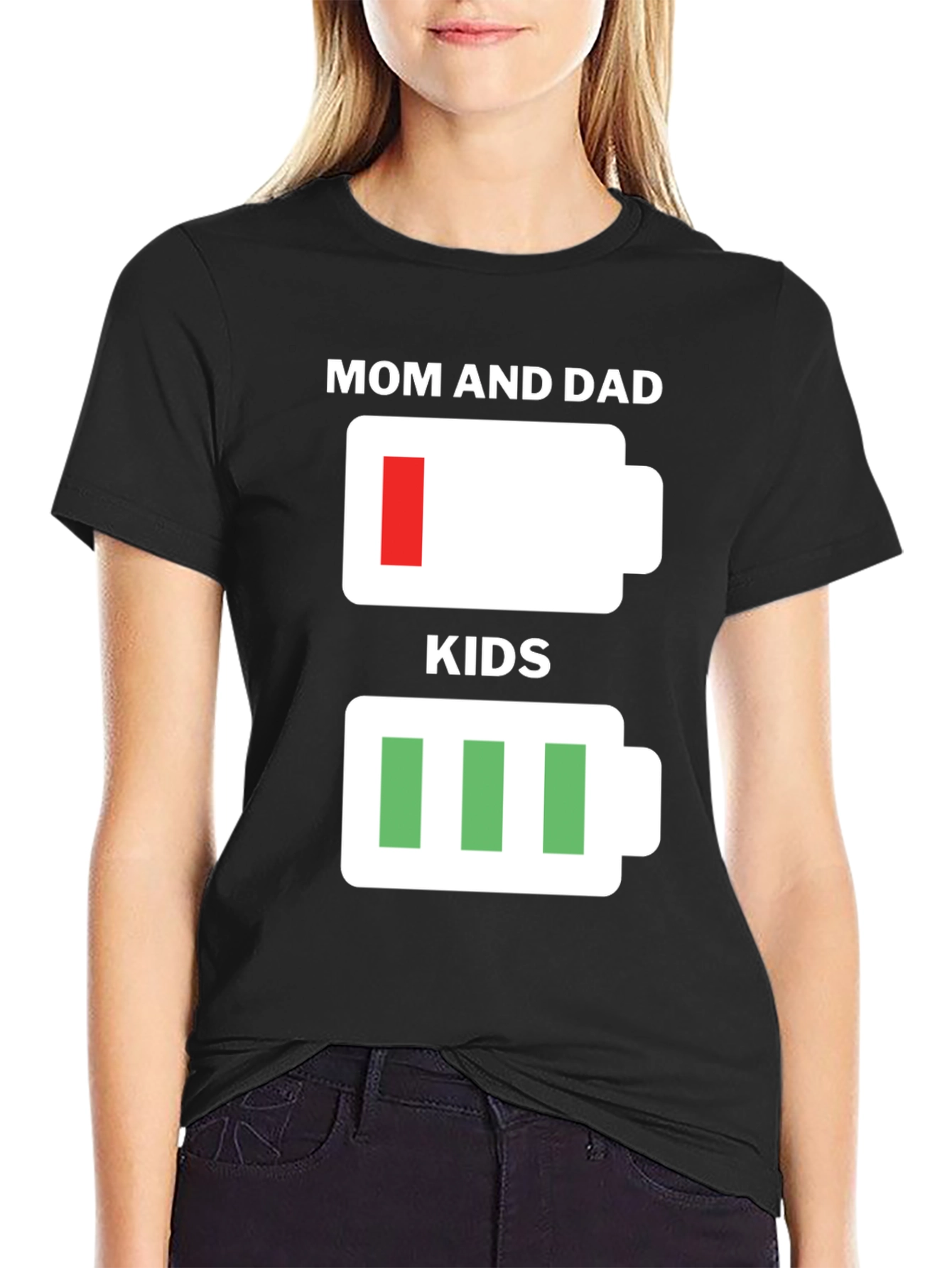 Funny Mom & Dad Low Battery Kids Full Battery Black T-Shirt