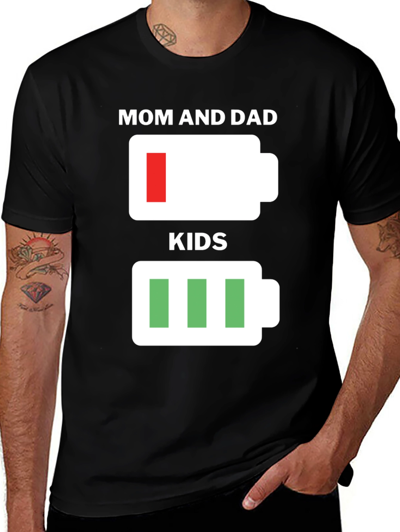 Funny Mom & Dad Low Battery Kids Full Battery Black T-Shirt