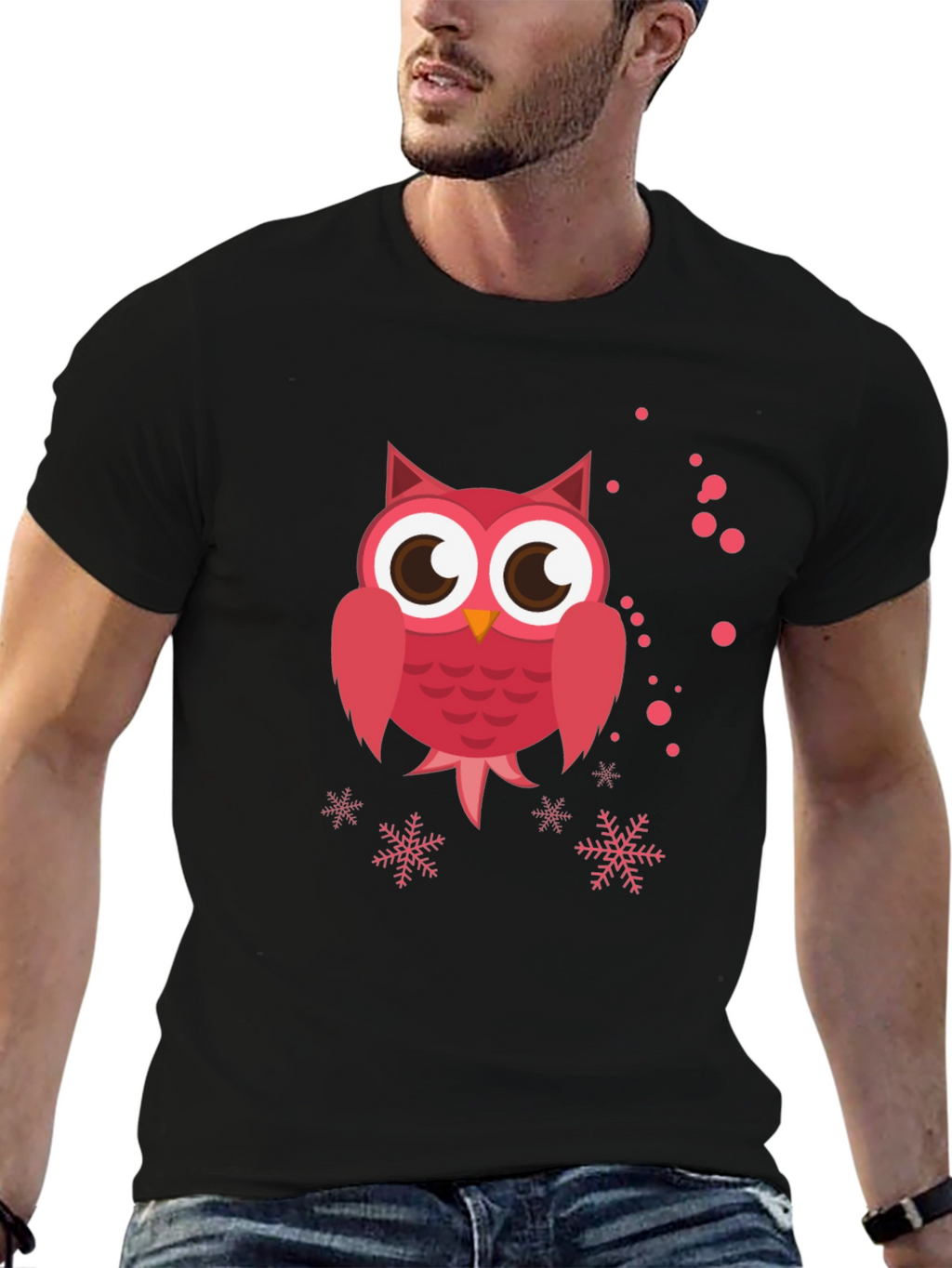 Cute Pink Owl Graphic Black T-Shirt