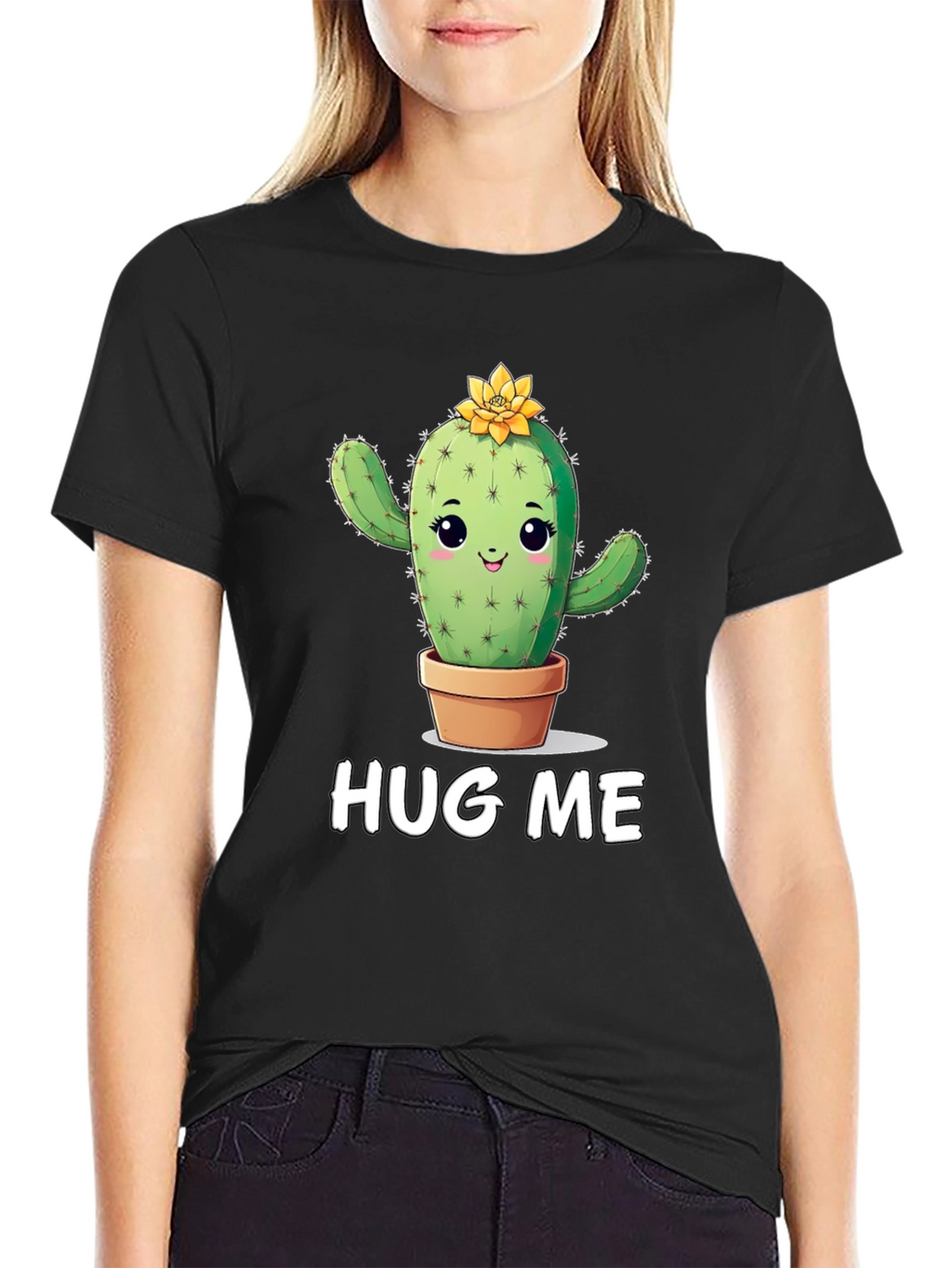 Cute Cactus Graphic T-Shirt - Hug Me! Black Tee