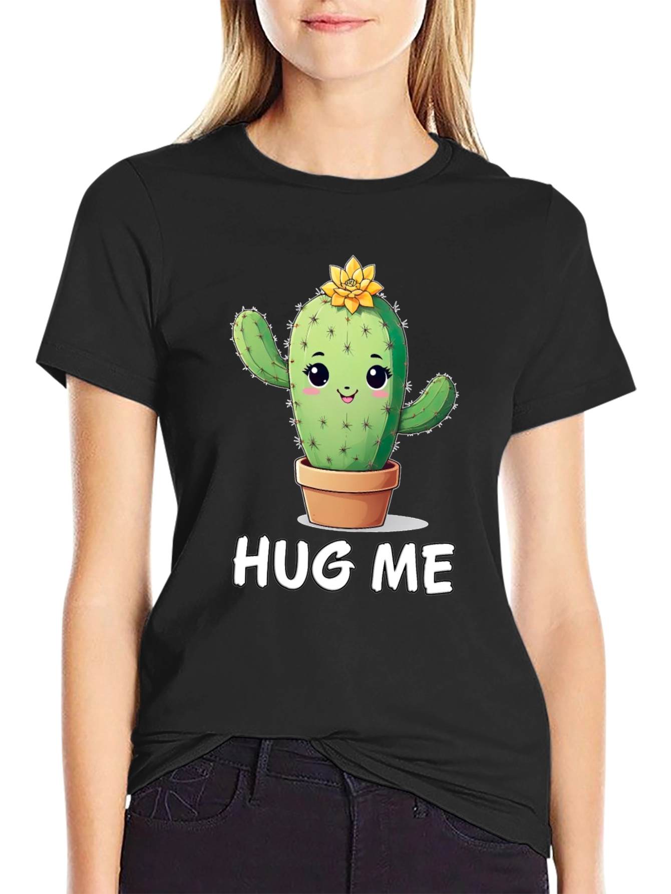 Cute Cactus Graphic T-Shirt - Hug Me! Black Tee