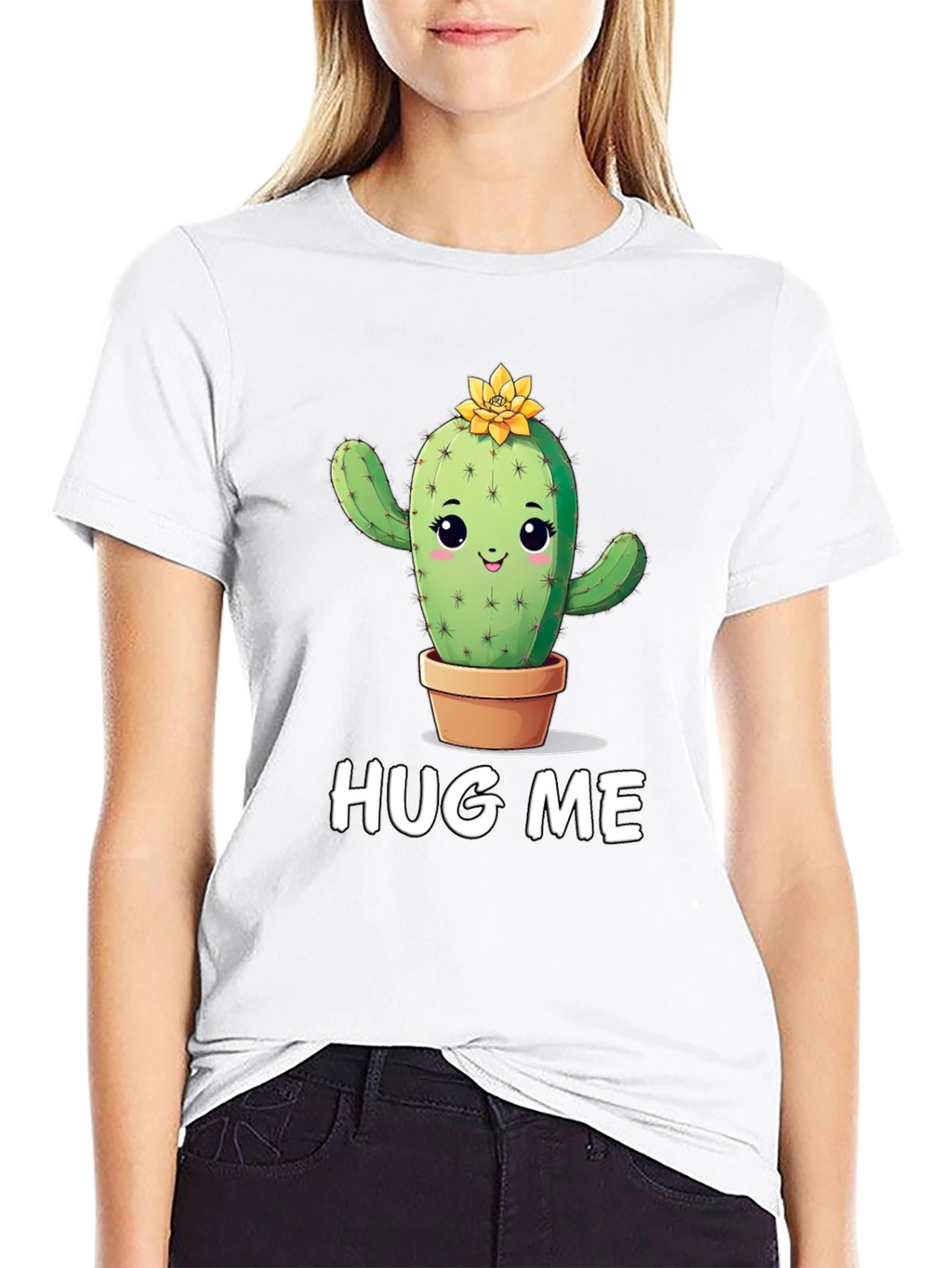 Cute Cactus Graphic T-Shirt - Hug Me! Black Tee