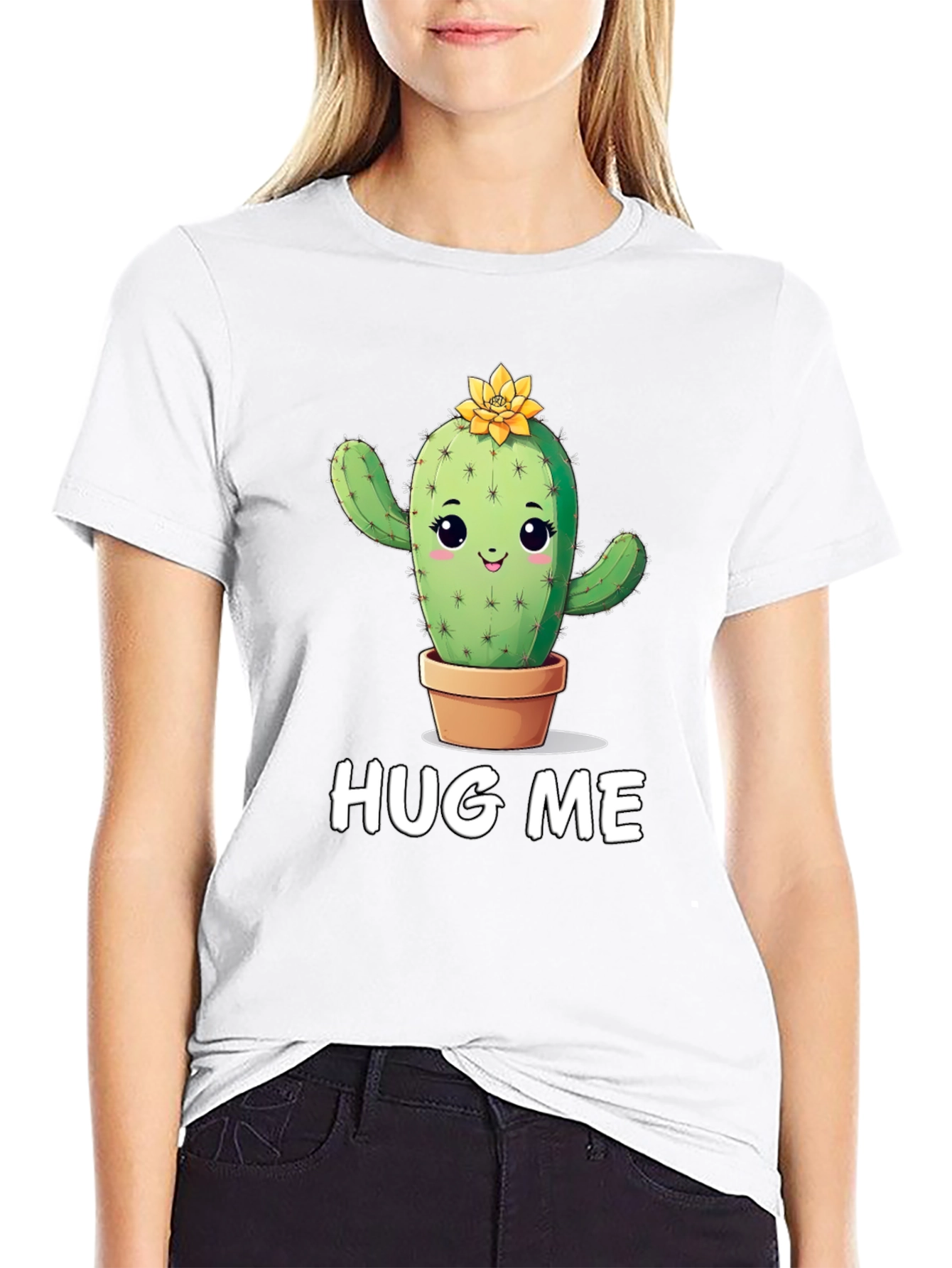 Cute Cactus Graphic T-Shirt - Hug Me! Black Tee