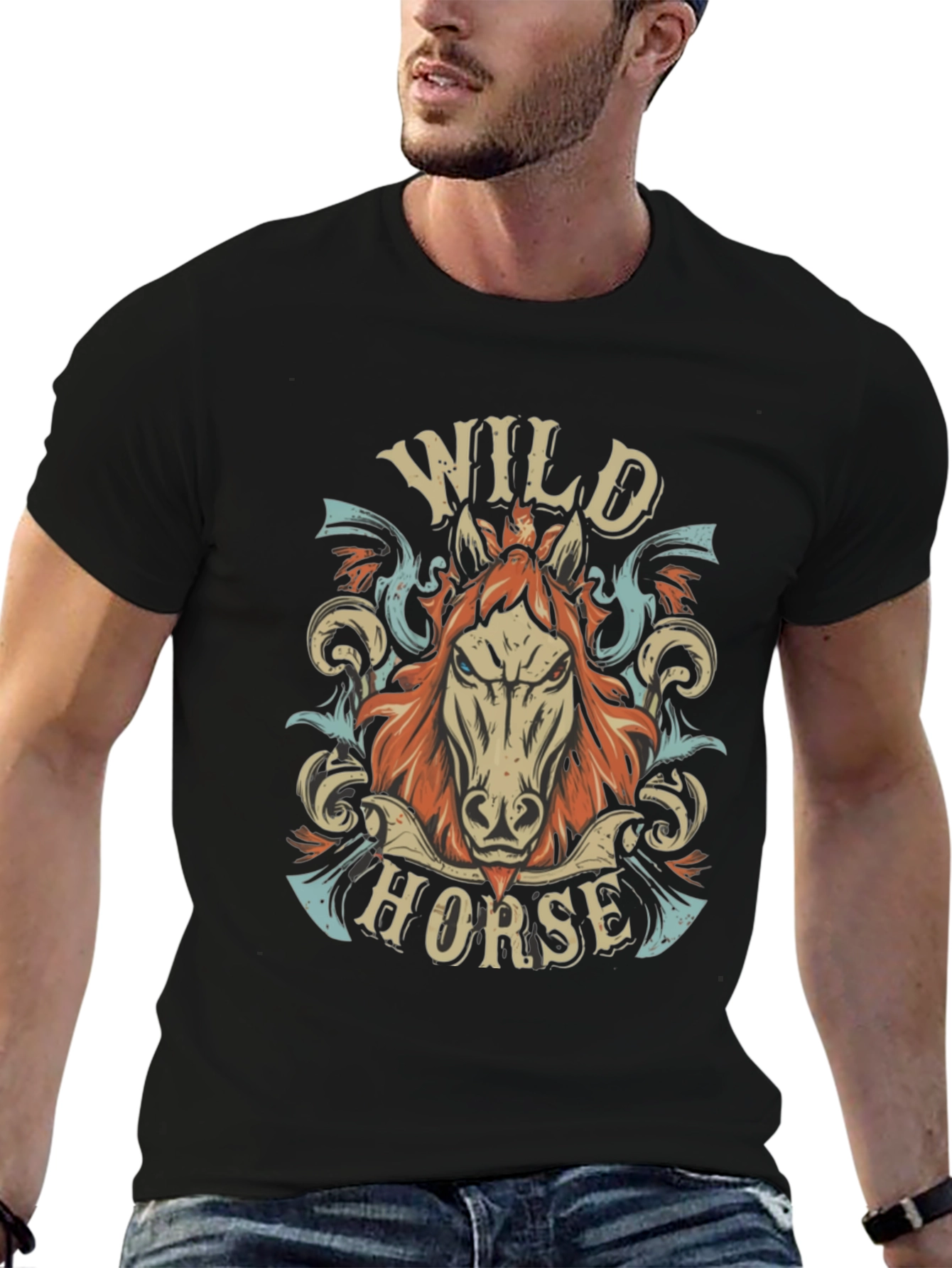 Wild Horse Graphic Print Mens Black T-Shirt
