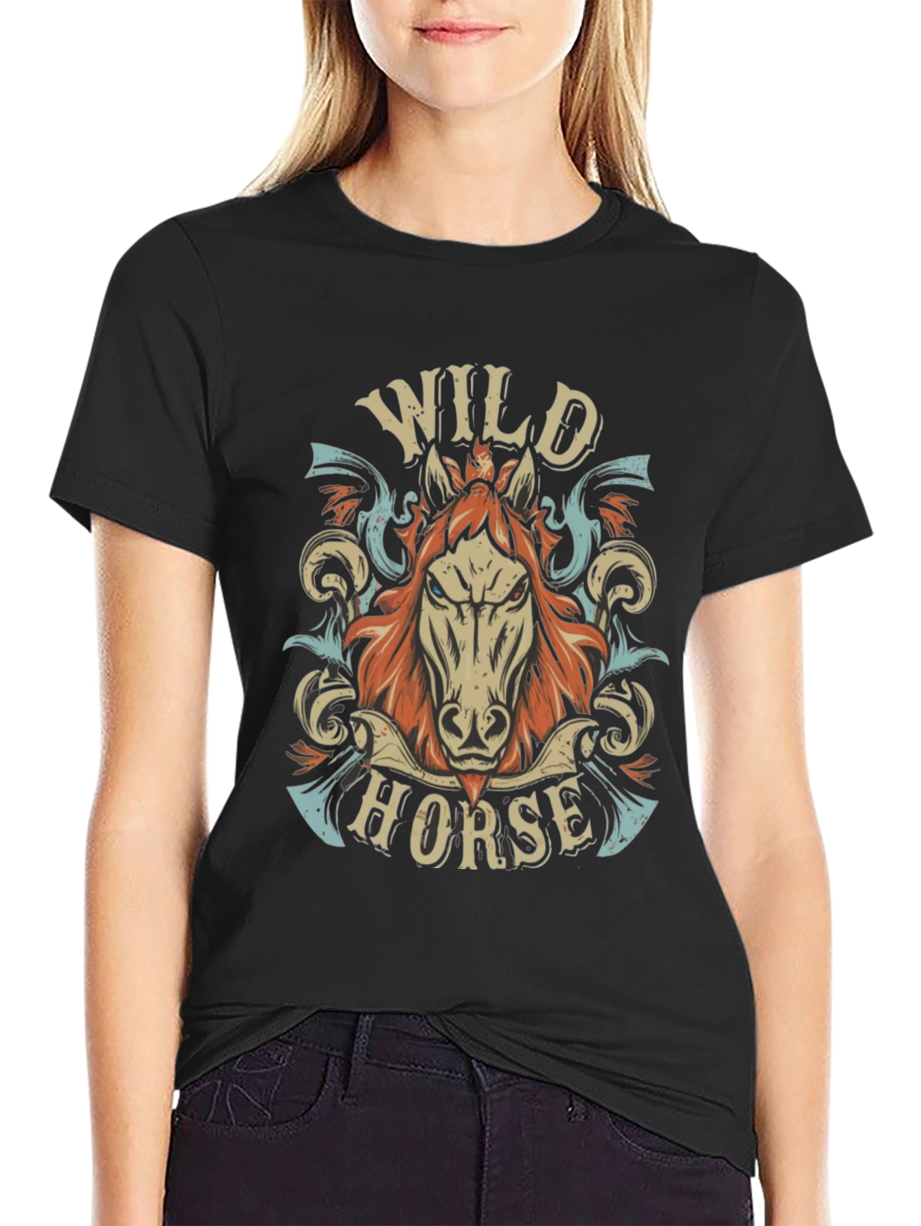 Wild Horse Graphic Print Mens Black T-Shirt