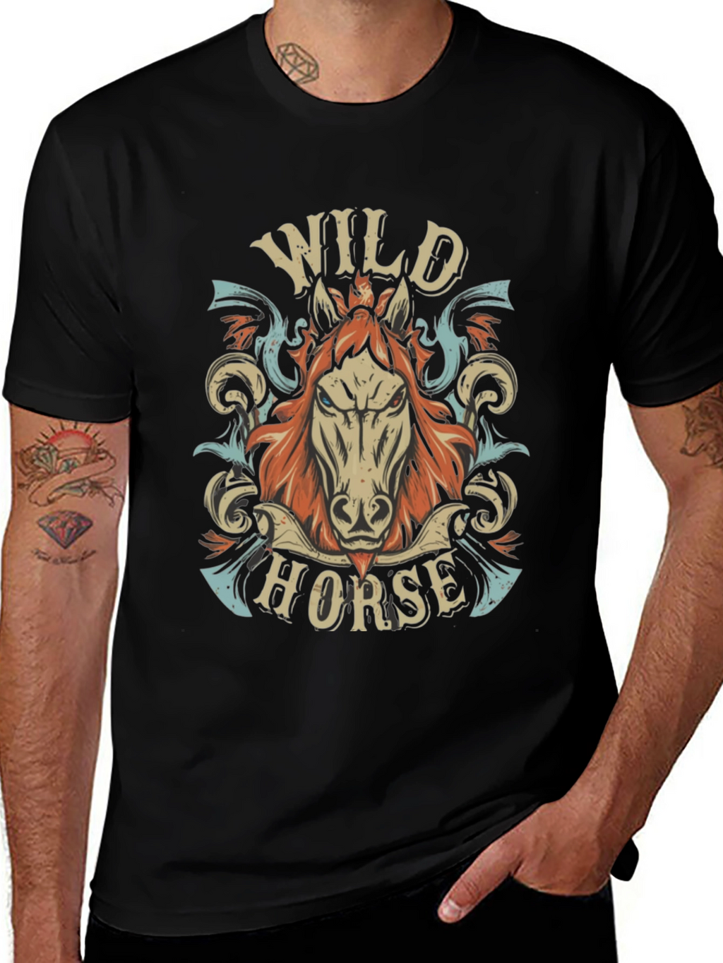 Wild Horse Graphic Print Mens Black T-Shirt