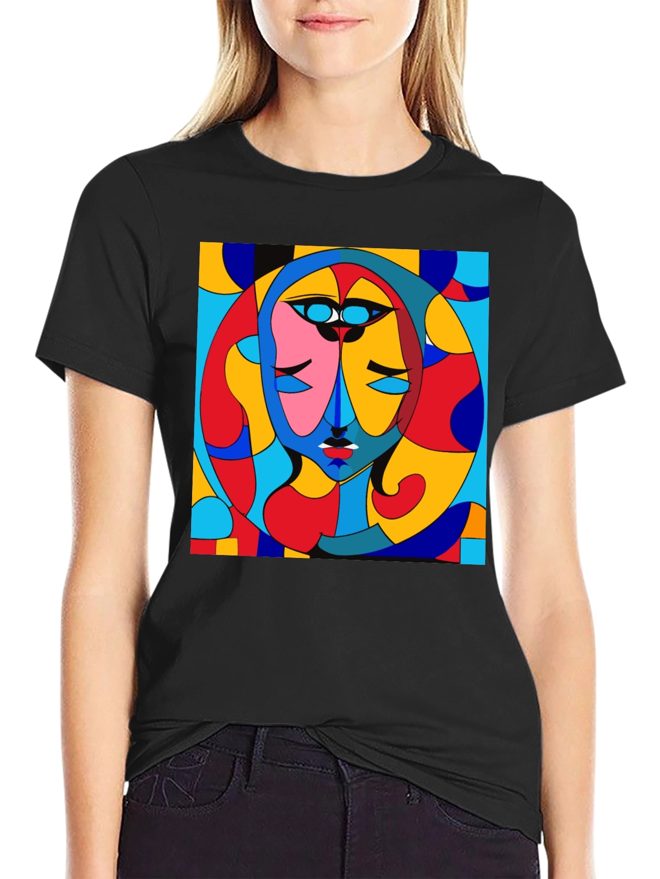 Abstract Art Face Print Black Crew Neck T-Shirt