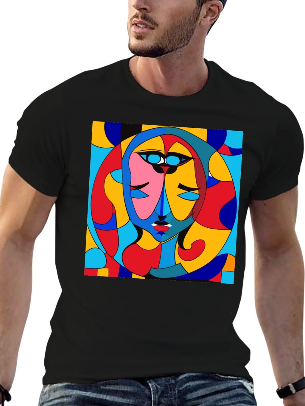 Abstract Art Face Print Black Crew Neck T-Shirt
