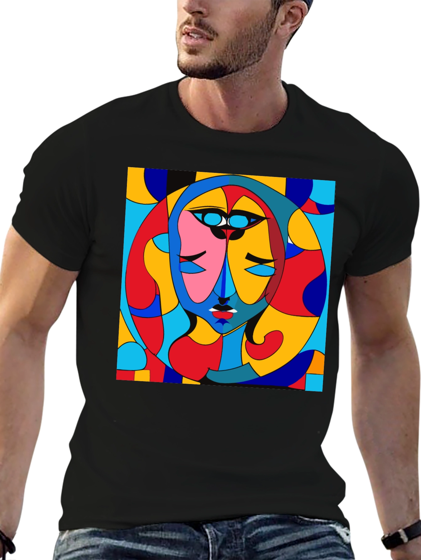 Abstract Art Face Print Black Crew Neck T-Shirt