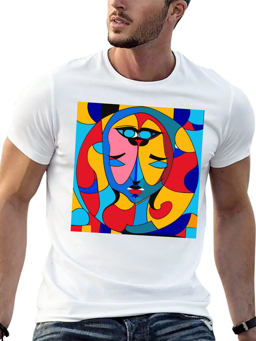 Abstract Art Face Print Black Crew Neck T-Shirt